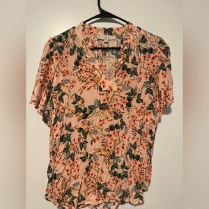 LOFT Pink Floral Ruffled Short Sleeve Top